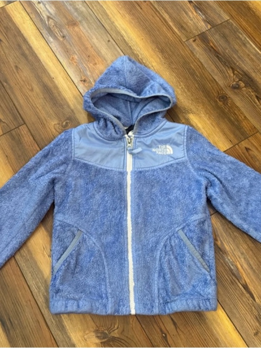 The North Face Kids Light Blue Fuzzy Hooded Jacket with Contrast Yoke